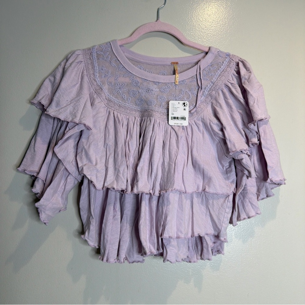 Free People Rose Party Tee Tiered Ruffles Jersey Knit Lettuce Trims Top XS - Picture 4 of 6